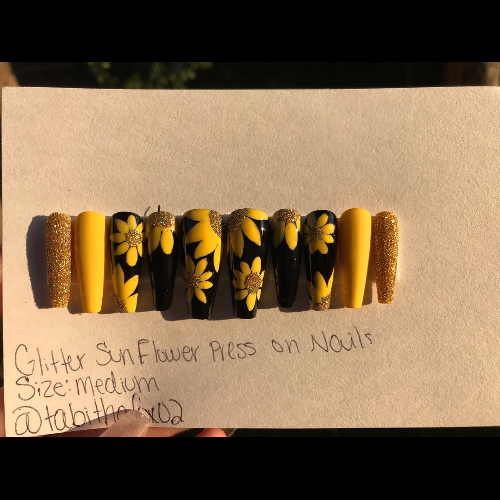 Glitter Sunflower Press on Nails
